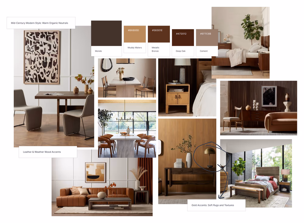 Solstizio mood board for a mid-century living room and bedroom design